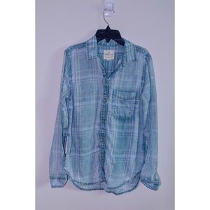 NWOT Teal AEO Washed Plaid Boyfriend Shirt